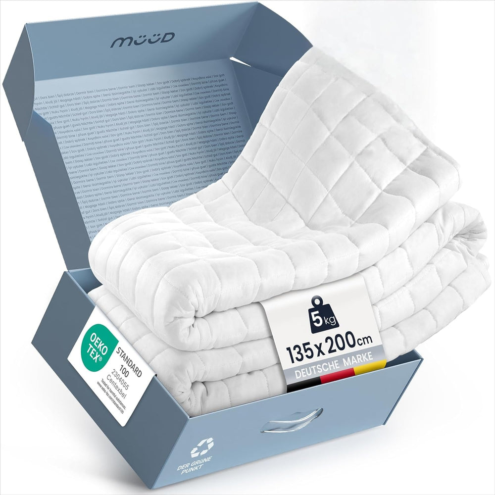 Couverture thérapeutique 7 kg I 135X200Cm I Pour un sommeil réparateur I Couverture lestée de haute qualité en coton respirant I Anti-stress et thérapeutique - Y compris boîte d'emballage avec poignée de transport Lits et couvertures Besuche den müüd-Store 135 X 200 Cm 5 kilogrammes