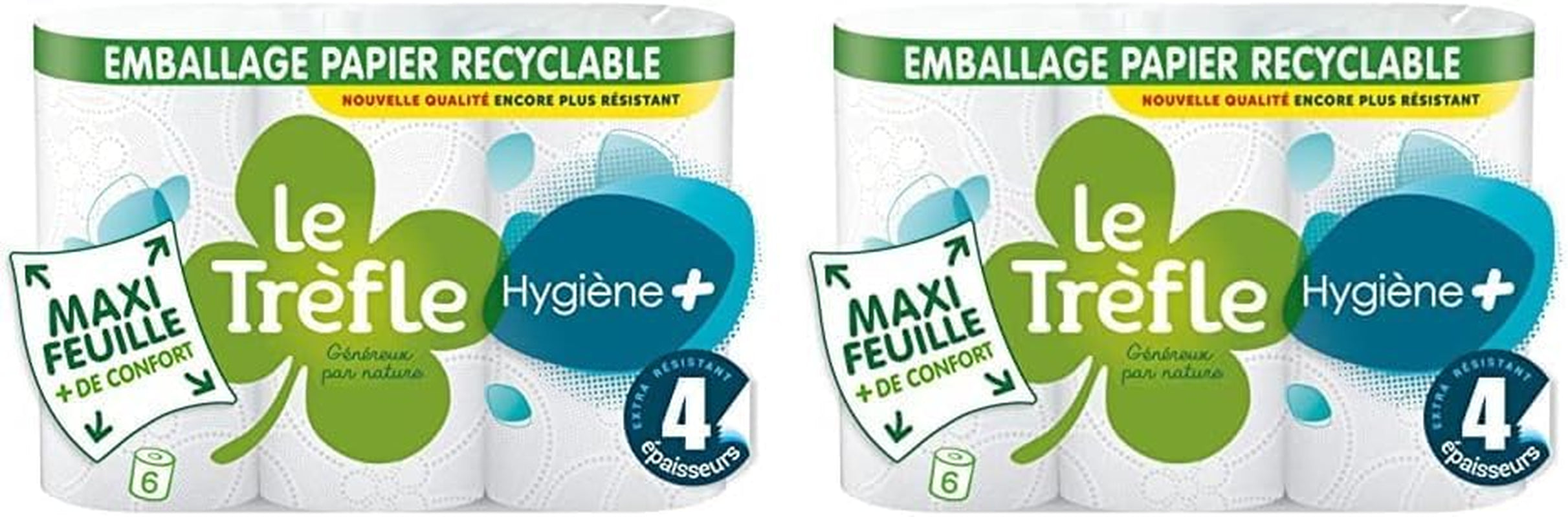 Le Trèfle Papier Hygiène + Toilette, 6 rouleaux, 4 forces (paquet de 2)