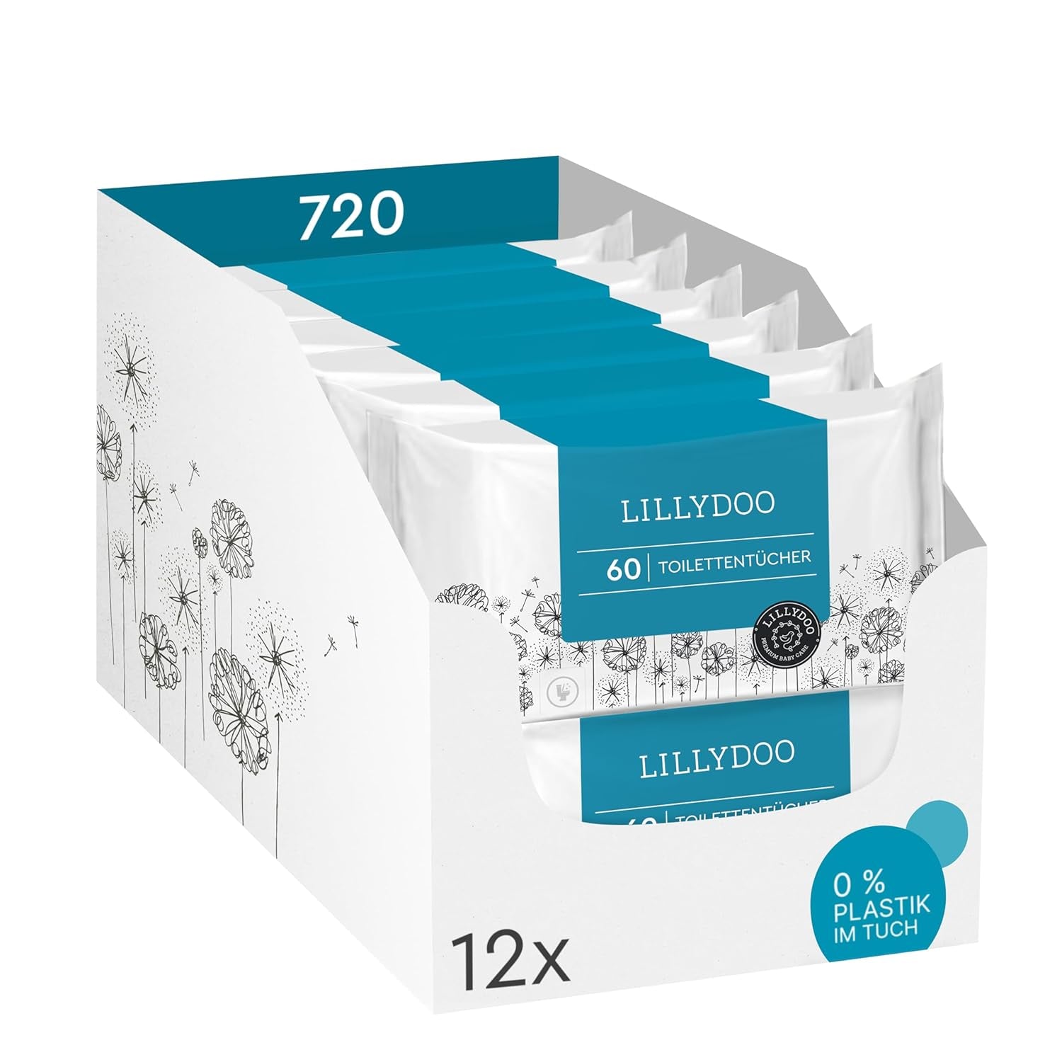LILLYDOO Lingettes humides pour toilettes 720 pièces (12 x 60) Lingettes jetables 100 % sans plastique, sans parfum