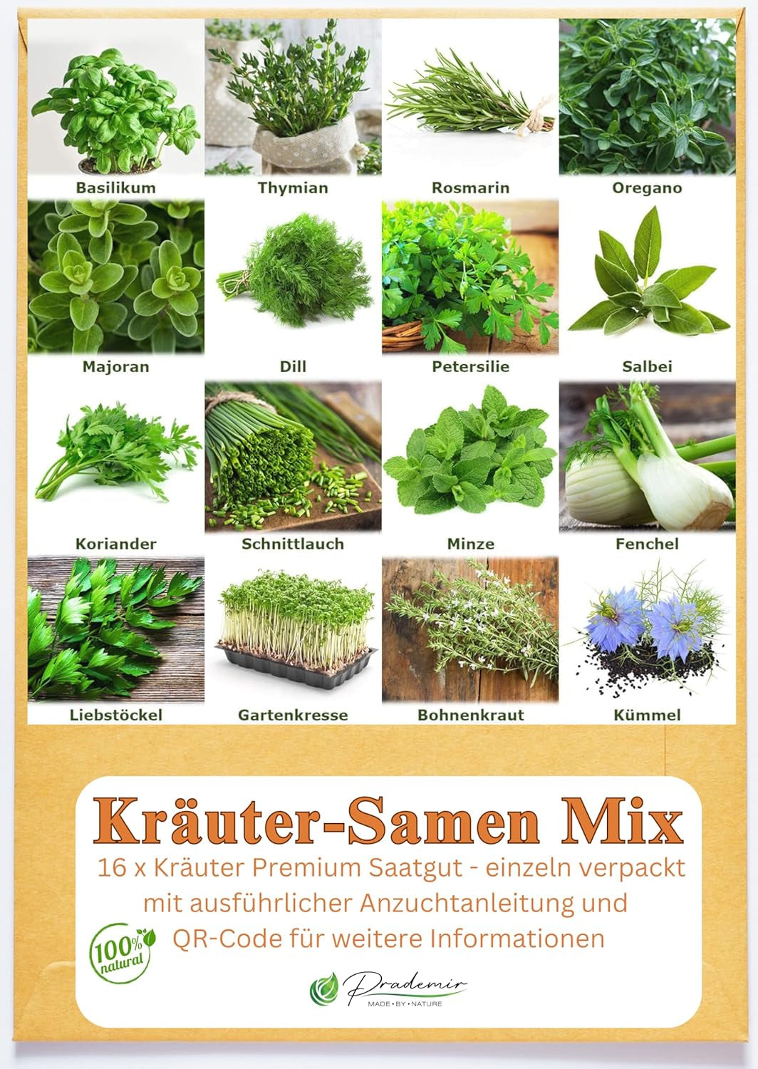 Prademir – Kräutersamen Set aus 16 beliebten Küchenkräutern – Kräuter Anzuchtset mit 100% Natursamen au Portugal – Kräuter Saatgut à l'origan, thym, marjolaine, romarin, aneth, basilic, sauge uvm