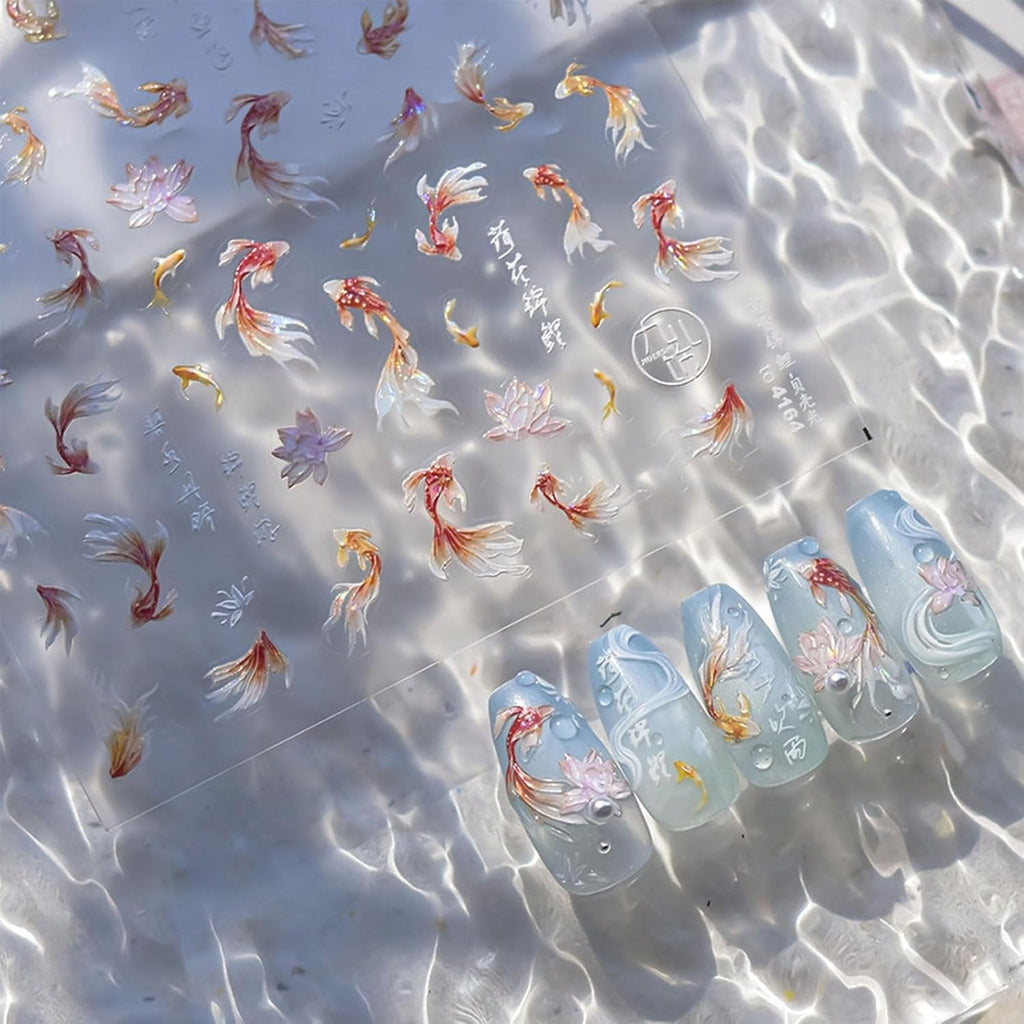 JMEOWIO 3D Nagelsticker Koi Fisch Nail Art Sticker Selbstklebend Nagelaufkleber 5D Stereoskopisch Dekoration Nageldesign Zubehör 1 Blatt