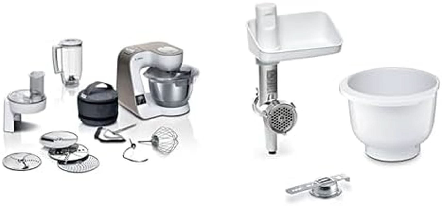 Robot culinaire Bosch Série 4 MUM5X720, balance intégrée, bol inox 3,9 L, mixeur 1,25 L, 1000 W Accessoires Alimentation et allaitement Baby Naty Shop Bundle avec Bakingsensation White Champagne 2 accessoires