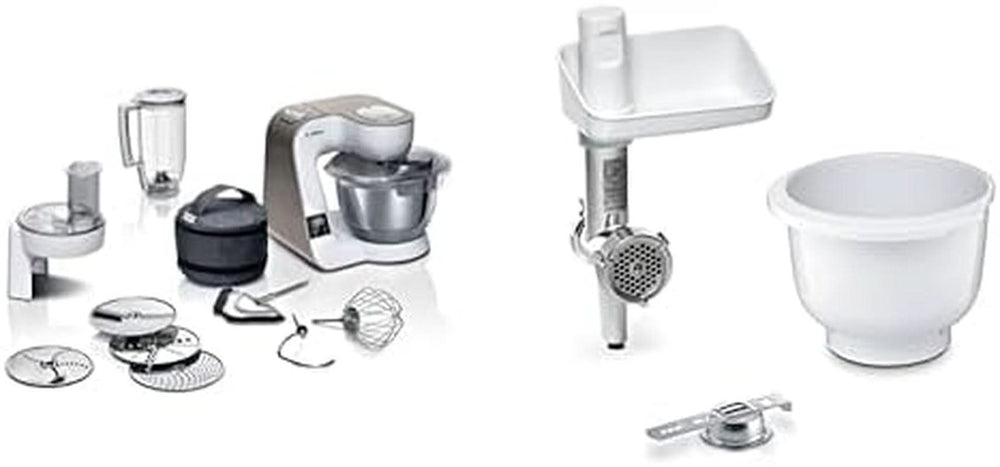 Robot culinaire Bosch Série 4 MUM5X720, balance intégrée, bol inox 3,9 L, mixeur 1,25 L, 1000 W Accessoires Alimentation et allaitement Baby Naty Shop Bundle avec Bakingsensation White Champagne 2 accessoires