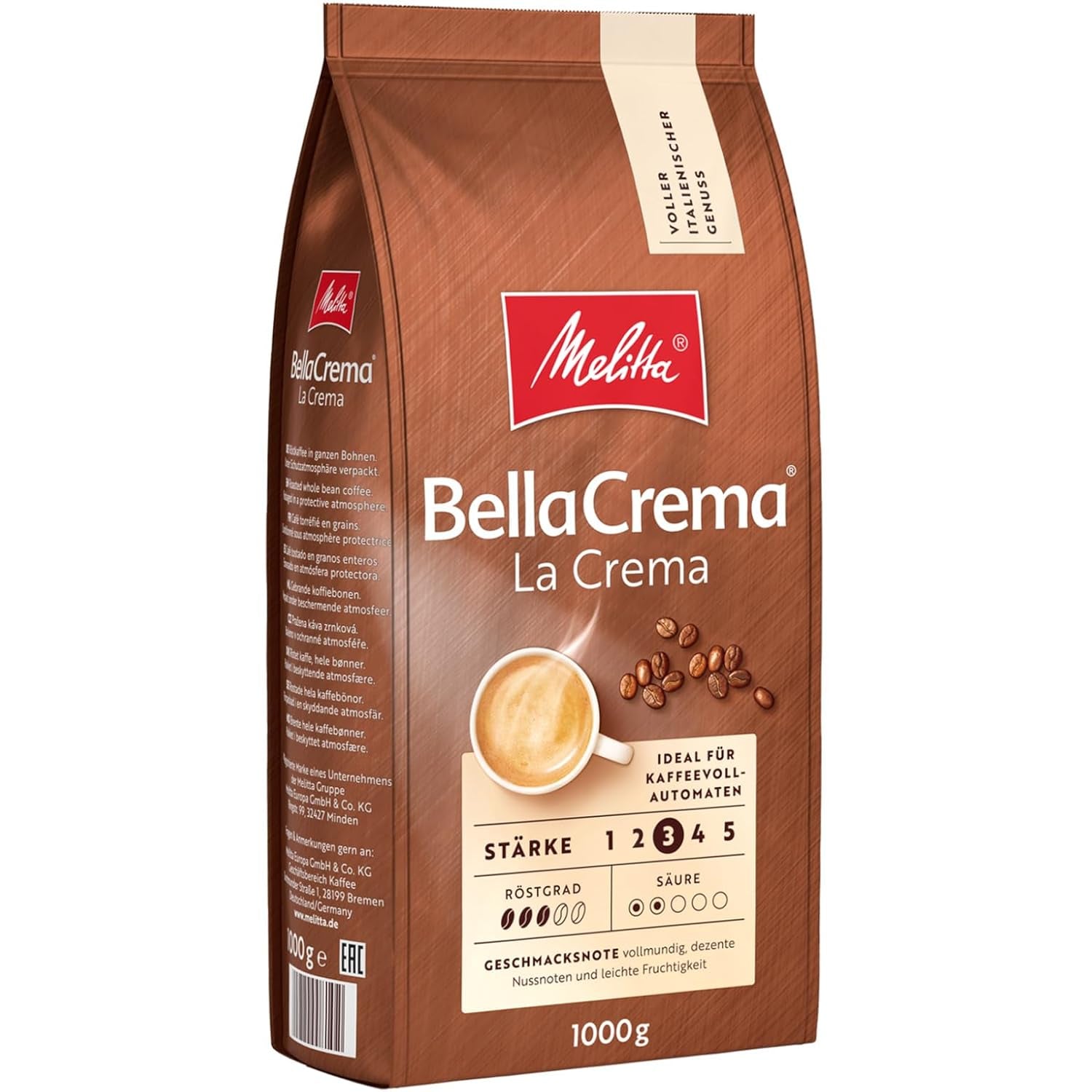 3 grains de café Melitta BellaCrema La Crema, torréfaction moyenne, 1 kg chacun