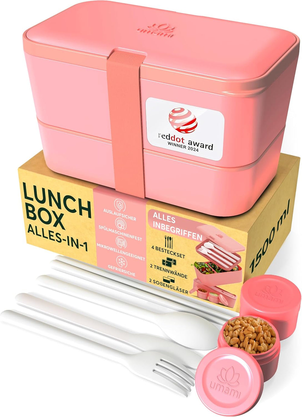 Umami Boîte à déjeuner pour adultes, boîte à bento empilable étanche avec 4 couverts et compartiments, boîte à déjeuner adulte, récipient à salade à emporter, boîte à déjeuner pique-nique/bureau, gris anthracite, 1500 ml