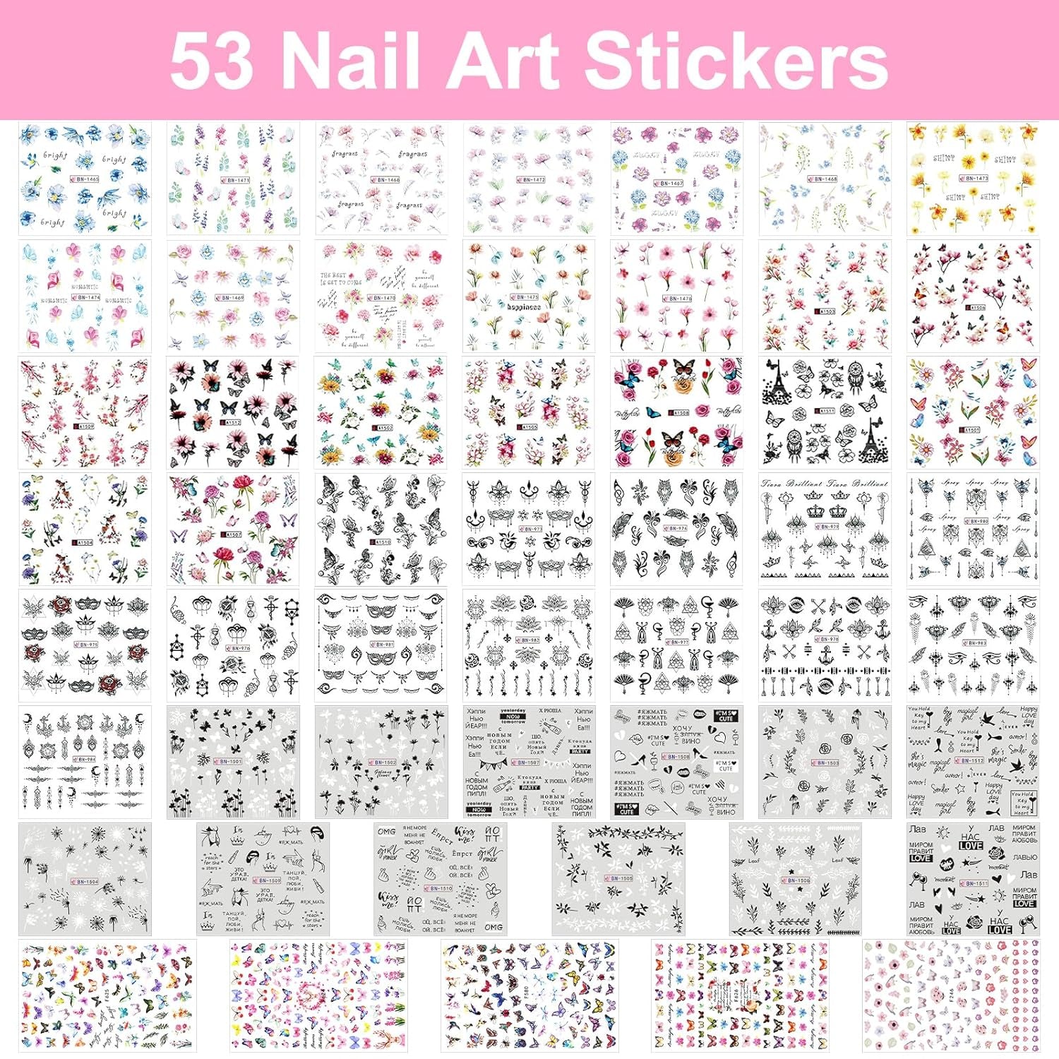 53 Blätter Nagelsticker, Nail Art Pinsel Und Dekorationen Set, 15 PCS Pinsel, 5 PCS Dotted Pens, Strasssteine, Blattgold Für Nagelkunst, Nagel Pailletten, Nagelkunstwerkzeuge Und Dekorationssets