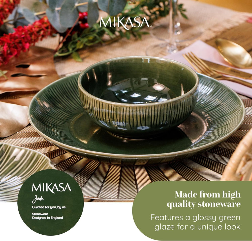 Mikasa Jardin Service de table 12 pièces, service de table en grès pour 4 personnes avec assiettes, assiettes latérales et bols, vert – Coffret cadeau et passe au lave-vaisselle