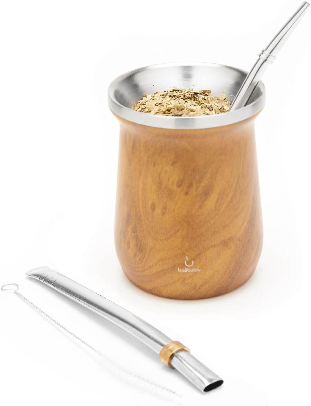 Service à thé Yerba Mate balibetov (tasse à Mate) en acier inoxydable avec bombilla (paille) pour maté, ensemble Yerba Mate facile à nettoyer et très résistant (BOIS)