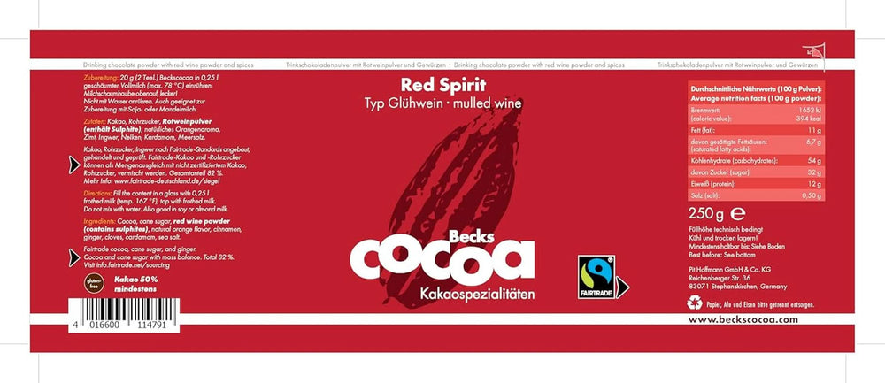 Red Spirit, cacao fin aromatisé au vin rouge, 250 grammes de cacao et chocolat chaud Naty Shop