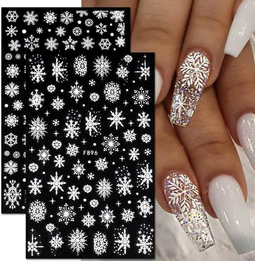 JMEOWIO Nagelsticker Weihnachten 8 Blatt Nagelaufkleber Selbstklebend Weiße Schneeflocken Winter Nail Art Sticker Dekoration Nageldesign Zubehör