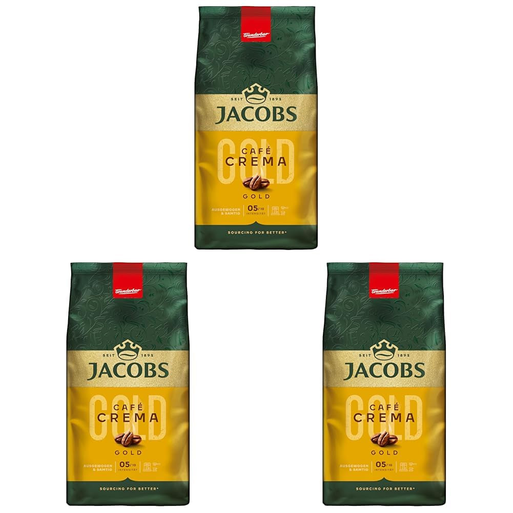 Café en grains Jacobs Café Crema Gold 1kg – Corsé, aromatique, aux notes fruitées, grains Arabica et Robusta, intensité 5/10, idéal pour Café Crema (pack de 3)