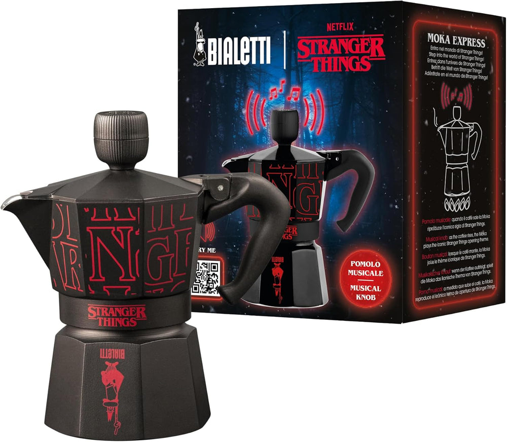 Bialetti Moka Express Stranger Things Cafetière 3 tasses, Bouton musique avec fonction de chargement USB-C, Ne convient pas aux plaques à induction, 3 tasses (130 ml), Noir