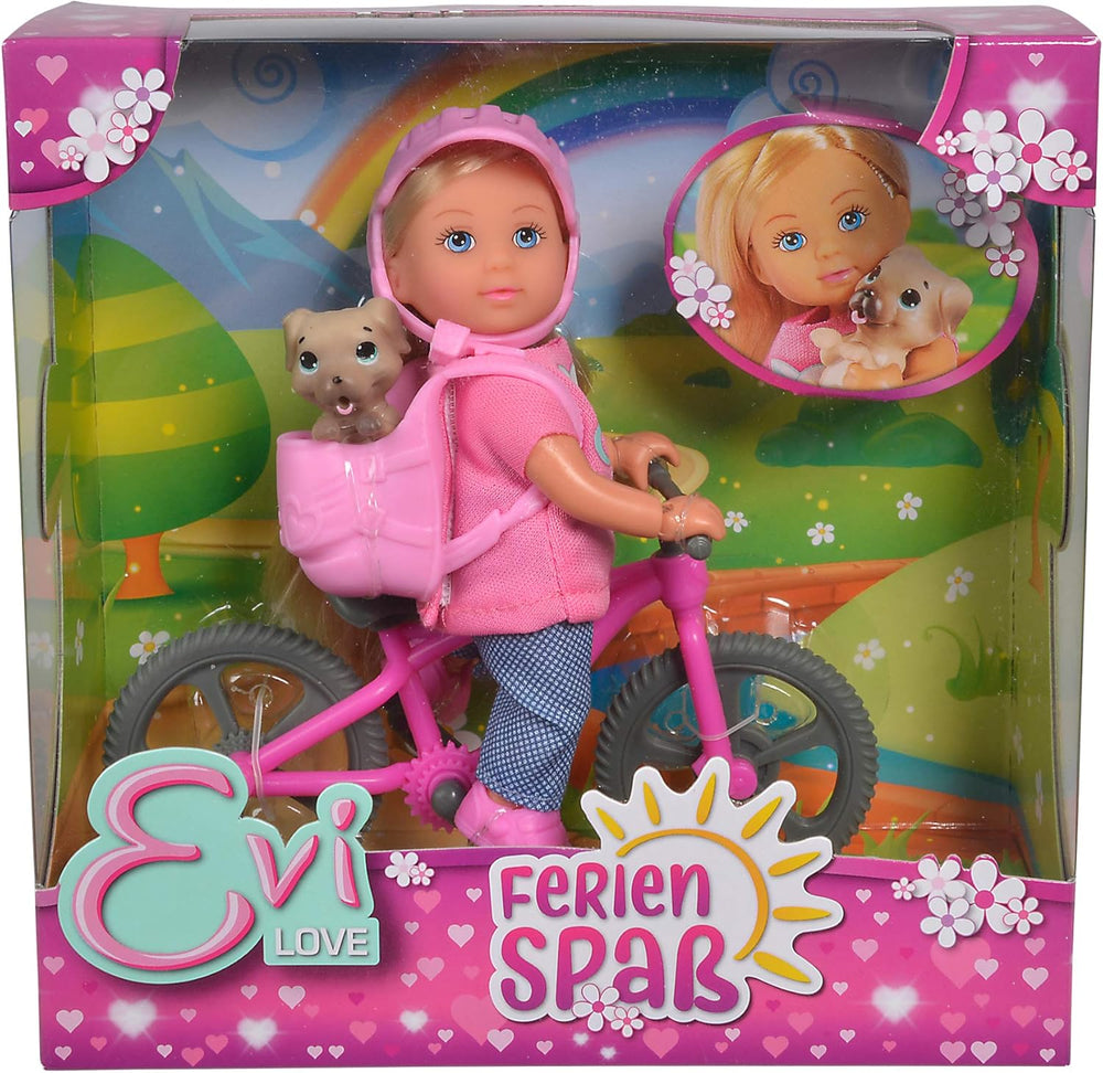 Simba 105733273 - Poupée vélo Evi Love Fun Holiday avec vélo, chien et sac à dos, poupée mannequin, 12 cm, pour enfants à partir de 3 ans