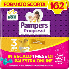 Scutece Pampers Progressi & Fit Prime Midi, format scurt, 162 scutece, mărimea 3 (4-9 kg), abonament online la sală pentru 1 lună cadou
