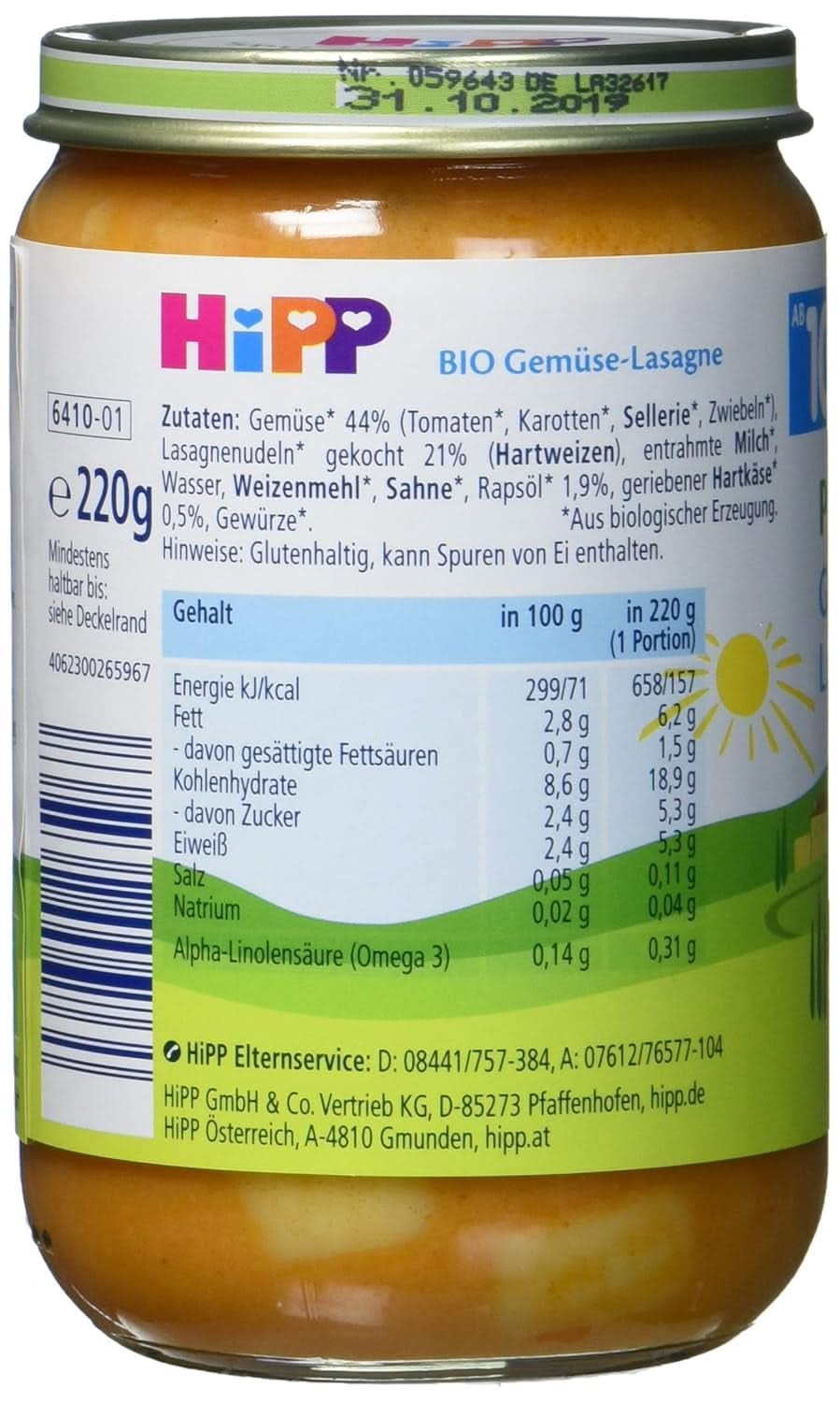 Hipp Pasta Bambini - Lasagne aux légumes, pack de 6 (6 X 220 g) Mère et Enfant Naty Shop