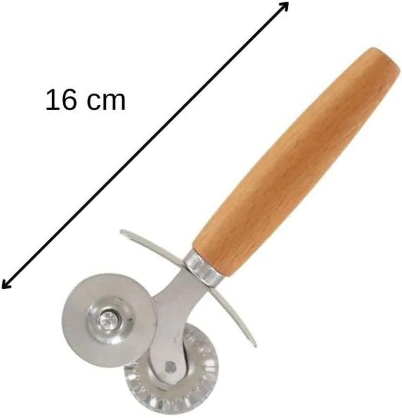 Fackelmann 40917 Rouleau à Pâtisserie, Roue à Ravioli en Acier Inoxydable pour Raviolis, Double Pointe, Acier Inoxydable, Bois, 16 cm