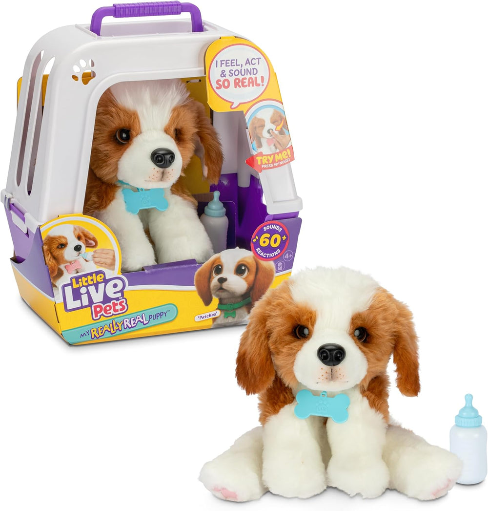 Little Live Pets My Really Real Puppy – Patches; Interaktiver Welpe; 60+ Geräusche/Reaktionen; realistisches Aussehen; 1 aus 72 Varianten; Spielset mit Transportbox; Batterien enthalten; ab 5 Jahren