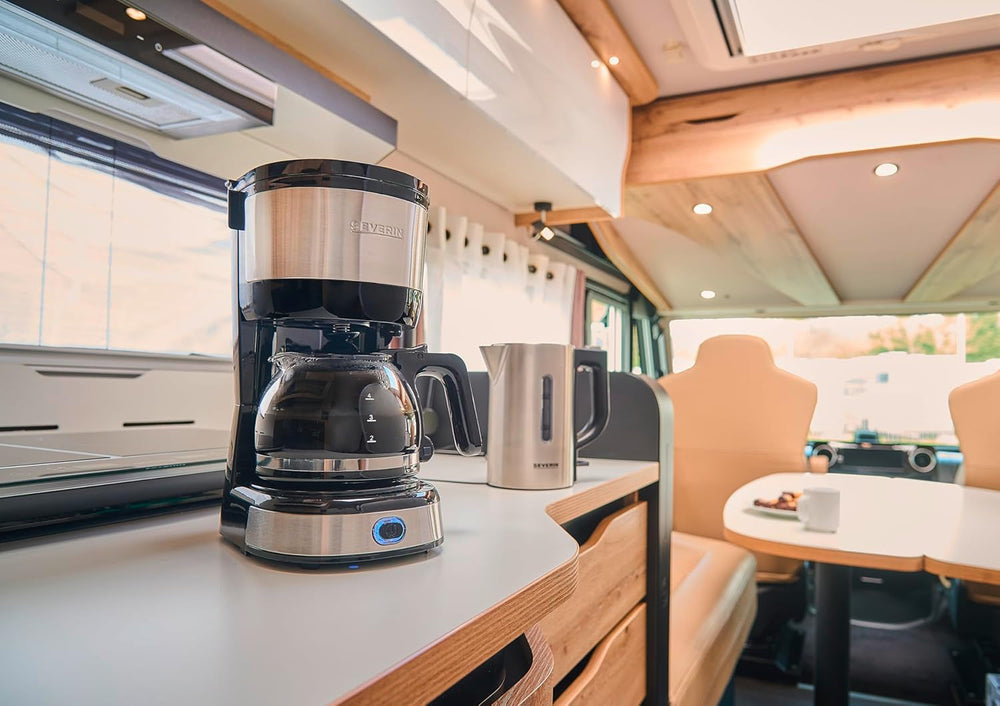 SEVERIN Machine à expresso compacte, café aromatique avec machine à café jusqu'à 4 tasses, machine à expresso avec filtre et filtre oscillant permanent, acier inoxydable/noir, KA 4808