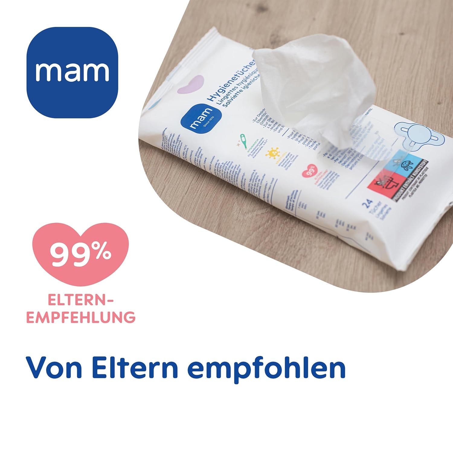 MAM Lot de 3 serviettes hygiéniques (3 x 24 pièces), lingettes nettoyantes pour dispositifs médicaux et accessoires pour bébé, serviettes hygiéniques antibactériennes et anti-virus