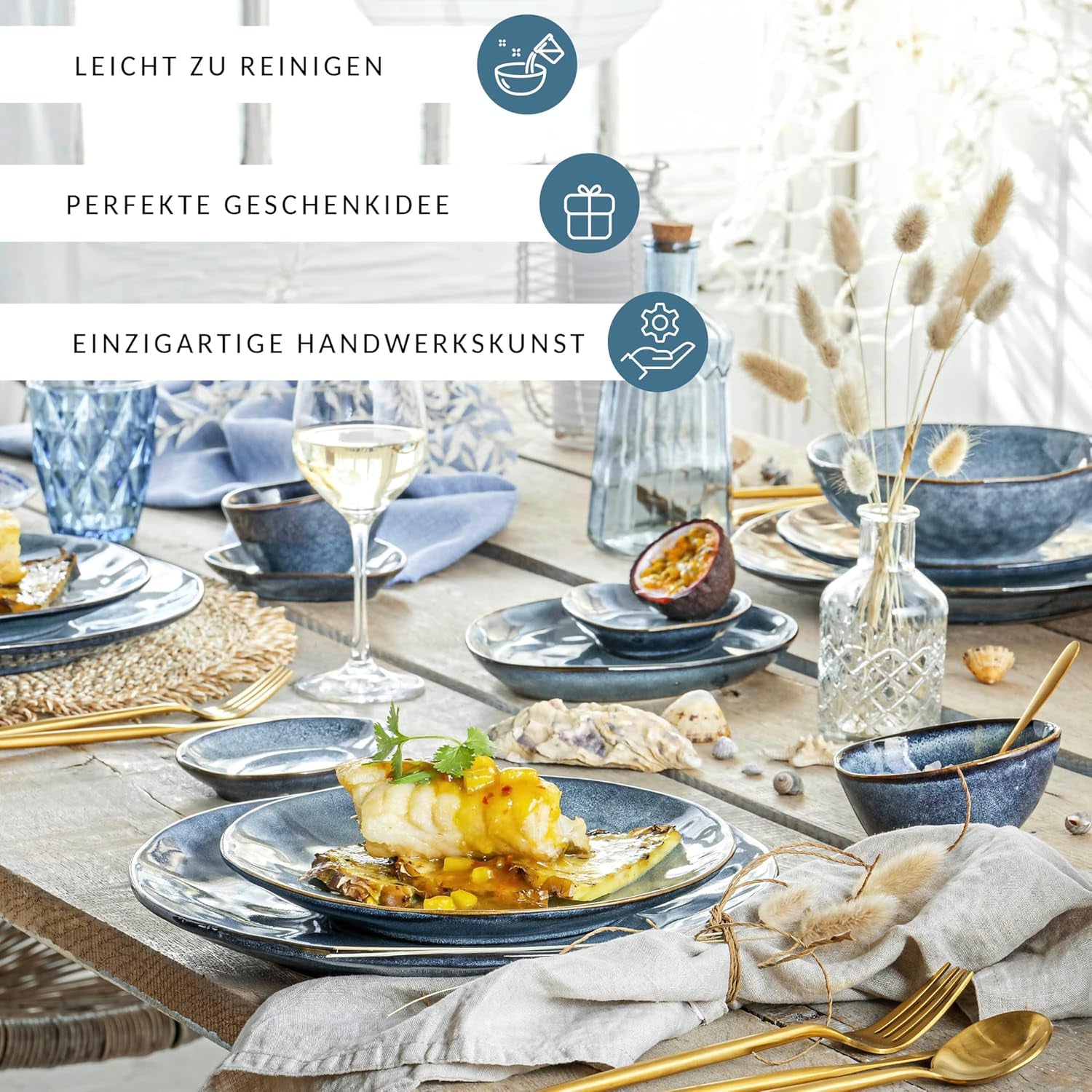 SANGER | Service de table Darwin 12 pièces, service de table en grès pour 4 personnes, service de table bleu comprenant des assiettes plates, des assiettes à dessert et des assiettes creuses, un service de table fait main | LA COLLECTION PREMIUM