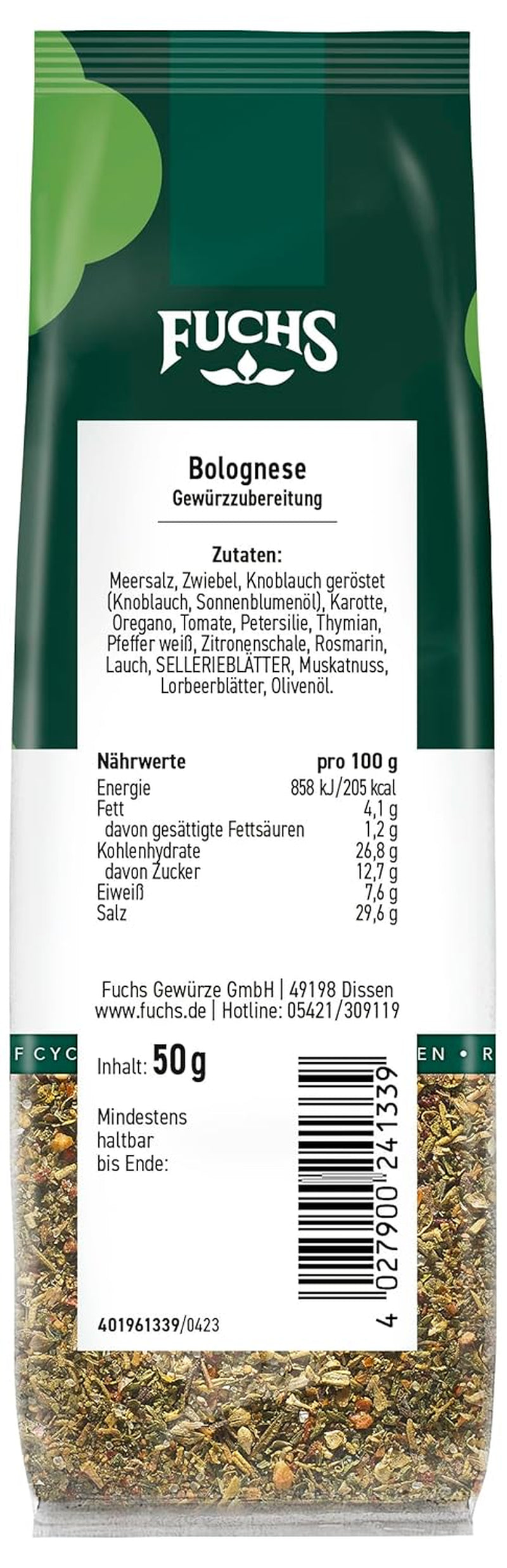 Fuchs Gewürze – Gewürzzubereitung bolognaise en Nachfüllbeutel recyclable, Gewürzmischung mit Italianen Kräutern, für Spaghetti- und weitere Pasta-Saucen - 50 g