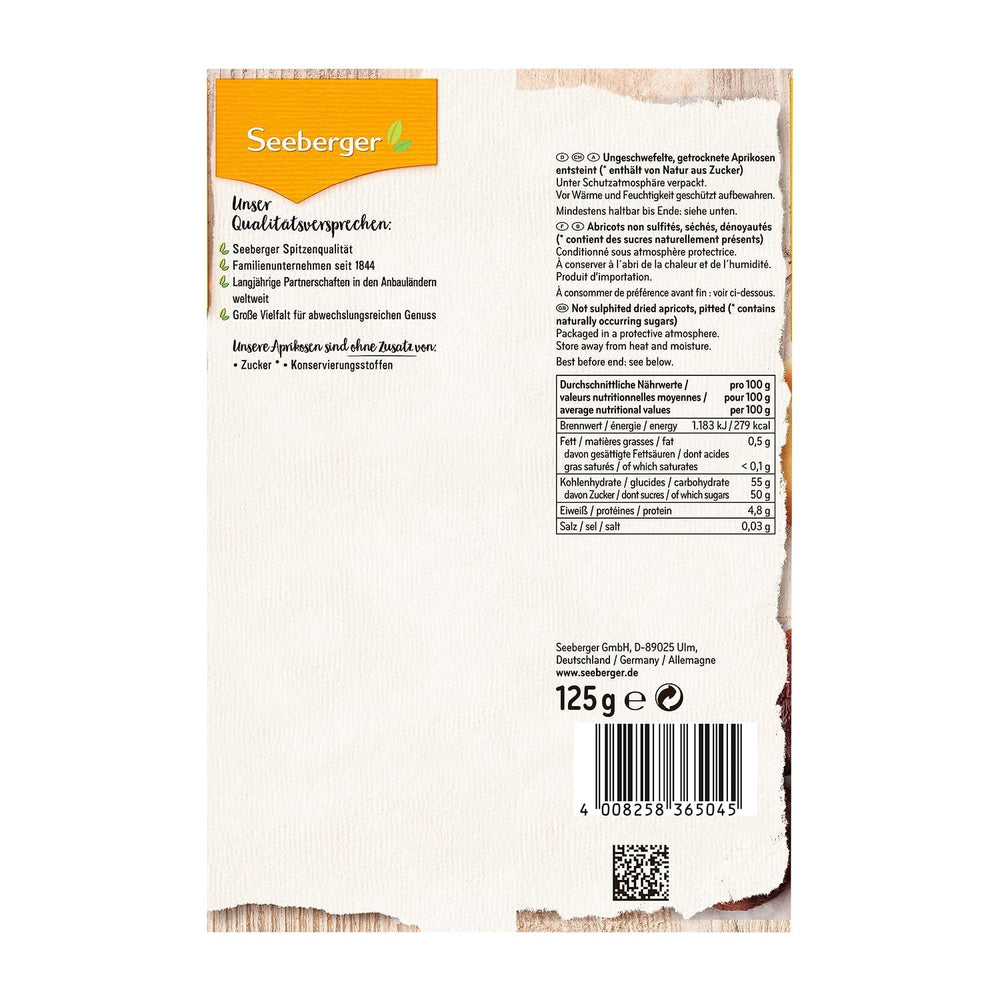 Abricots sans soufre Seeberger : Abricots secs non traités au goût sucré et fruité - sans sucre ajouté - dénoyautés, végétaliens (1 x 125g) Naty Shop Produits déshydratés