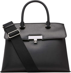Calvin Klein Ladies Turn Lock Satchel - 2 en 1 en cuir végétalien 3 poches Becky Turnlock Sac à bandoulière Noir/Argent Sacs Femme Naty Shop Default Title
