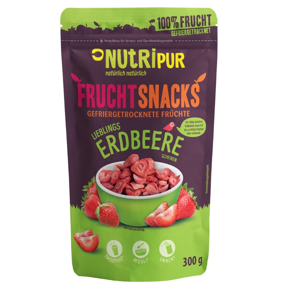 Fraises lyophilisées 300g : tranches de fraises séchées non sucrées - Fraises lyophilisées aux purs fruits, pleines de saveur : baies lyophilisées - Fruits secs NUTRIPUR Produits déshydratés Naty Shop 300 G (1 paquet) Fraises
