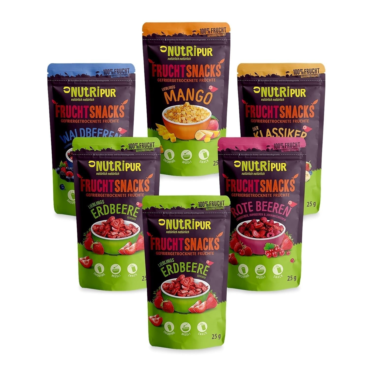 Fraises lyophilisées 300g : Tranches de fraises séchées non sucrées - Fraises lyophilisées pures pleines de saveur : Baies lyophilisées - Fruits secs NUTRIPUR Naty Shop Produits déshydratés 25 G (Pack de 6) Mélange de fruits