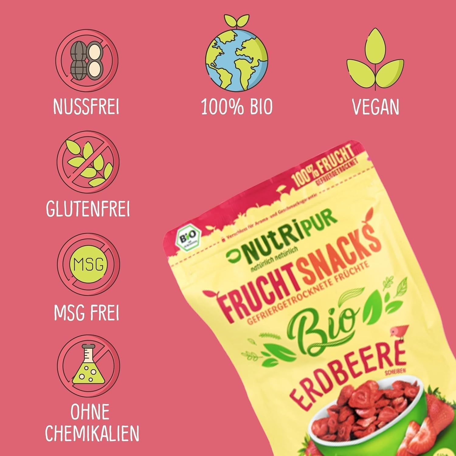 Fraises lyophilisées bio : 70g de fraises séchées pour smoothie bowls, muesli, porridge toppings - Baies lyophilisées sans sucre ajouté - Fraises lyophilisées - Fruits NutriPur Produits déshydratés Naty Shop