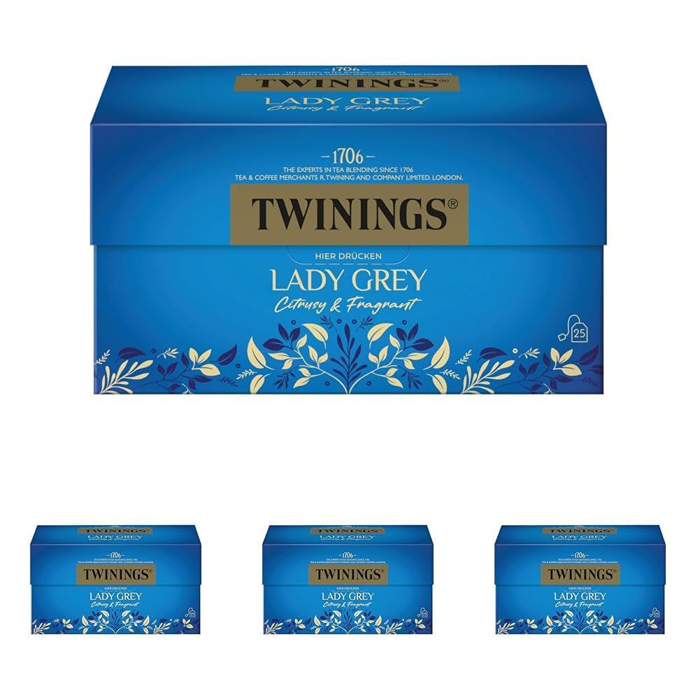 Ceai negru Twinings LADY GREY vrac în cutie de ceai – ceai negru, amestec de soiuri de ceai chinezesc cu coajă de portocală și lămâie, completat cu aromă de bergamotă (200 g)