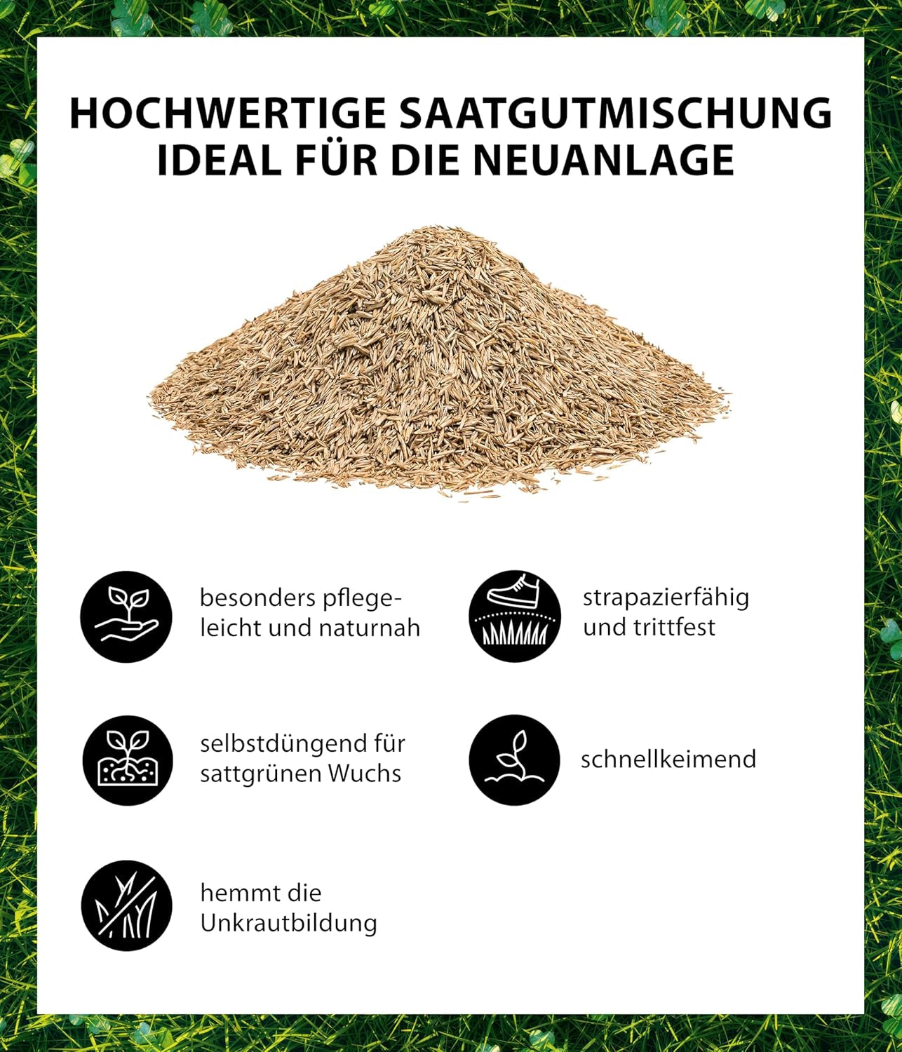 Dehner Saatgut Mikroklee-Rasen, Hochwertige Rasensamen Für Dichten/Sattgrünen Rasen Mit Feiner Optik, Pflegeleicht/Selbstdüngend, Ideal Für Spiel- & Entspannungsflächen, 1.25 Kg Für Ca. 50 M²