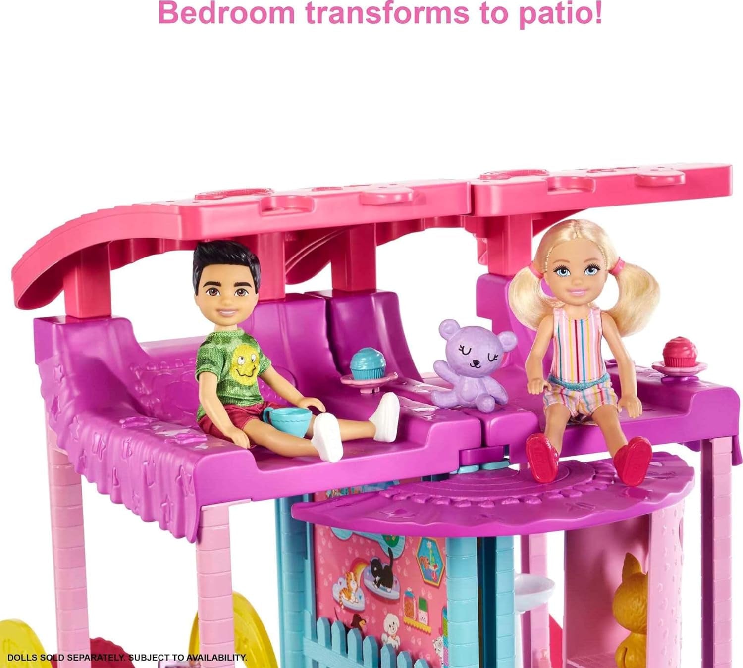 Barbie Chelsea Playhouse - 3 étages transformables, aires de jeux secrètes, ascenseur, piscine, toboggan, 2 animaux et plus de 20 accessoires, à partir de 3 ans, HHX44