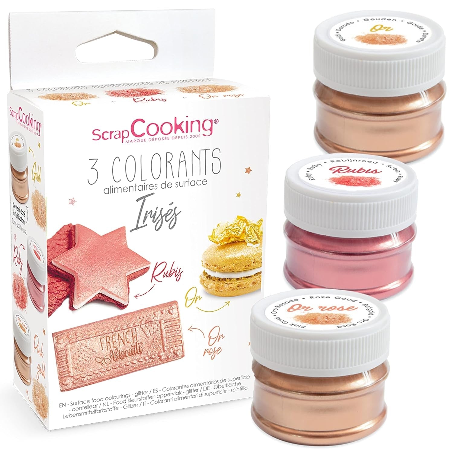 Scrapcooking - Lot de 3 Colorants Alimentaires Métallisés - Colorants Alimentaires : Or, Or Rose et Rubis - Colorant Alimentaire Comestible pour Pâtisserie, Gâteaux, Biscuits, Gâteaux, Chocolat - 4019