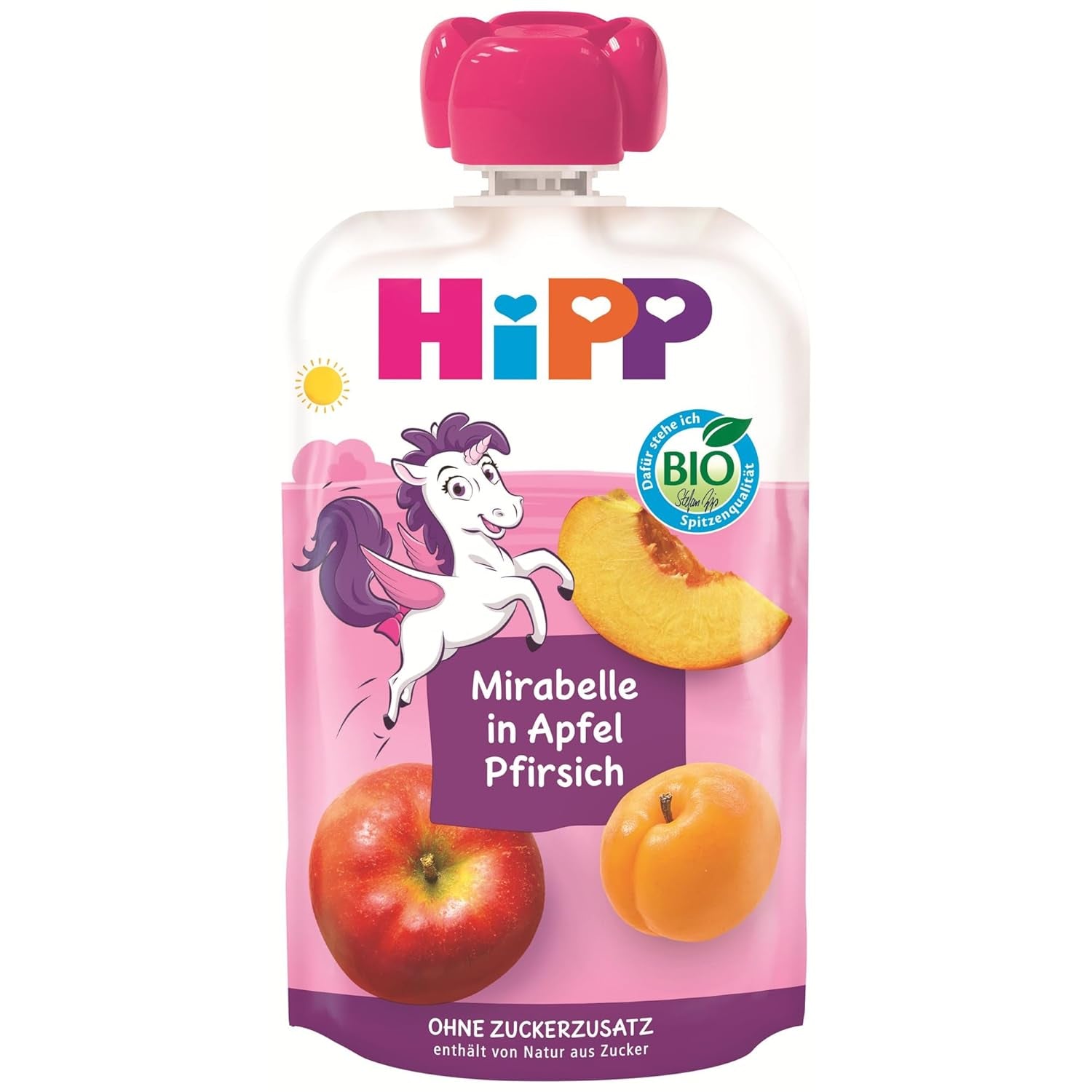 HiPP Bio Quetschie Mirabelle à Apfel-Pfirsich - Ellis Einhorn (8 x 100g), à partir de 1 an, 100% fruits, sans sucre, végétalien, dans la meilleure qualité biologique