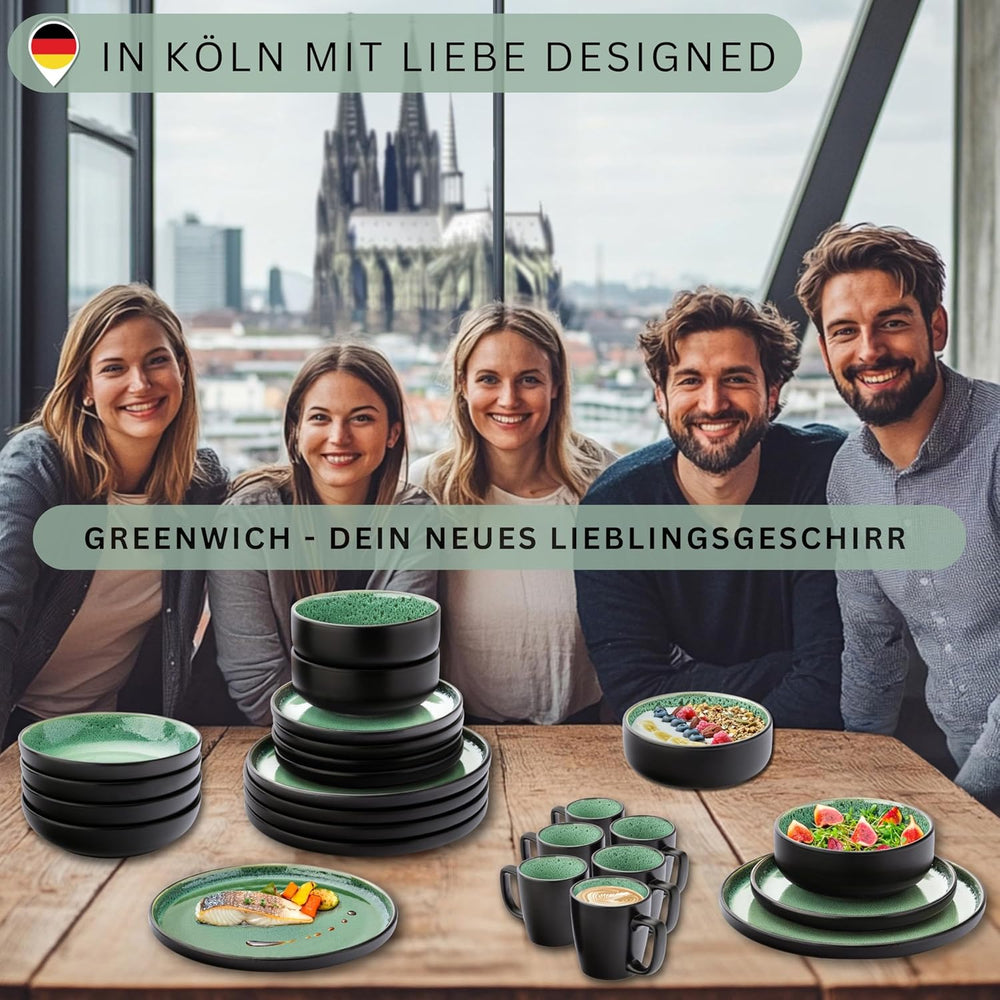 SÄNGER Greenwich | Service de table en grès, 18 pièces, service d'assiettes pour 6 personnes, service de table (6 assiettes plates, 6 assiettes à dessert, 6 bols), vert, résistant aux rayures, vaisselle | LA COLLECTION VALEUR