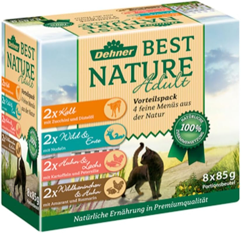 Dehner Best Nature Katzenfutter Multipack, Nassfutter, pour ausgewachsene Katzen, je 2 x Kalb / Wild / Huhn / Kaninchen, 8 x 85 g Sachet (680 g)