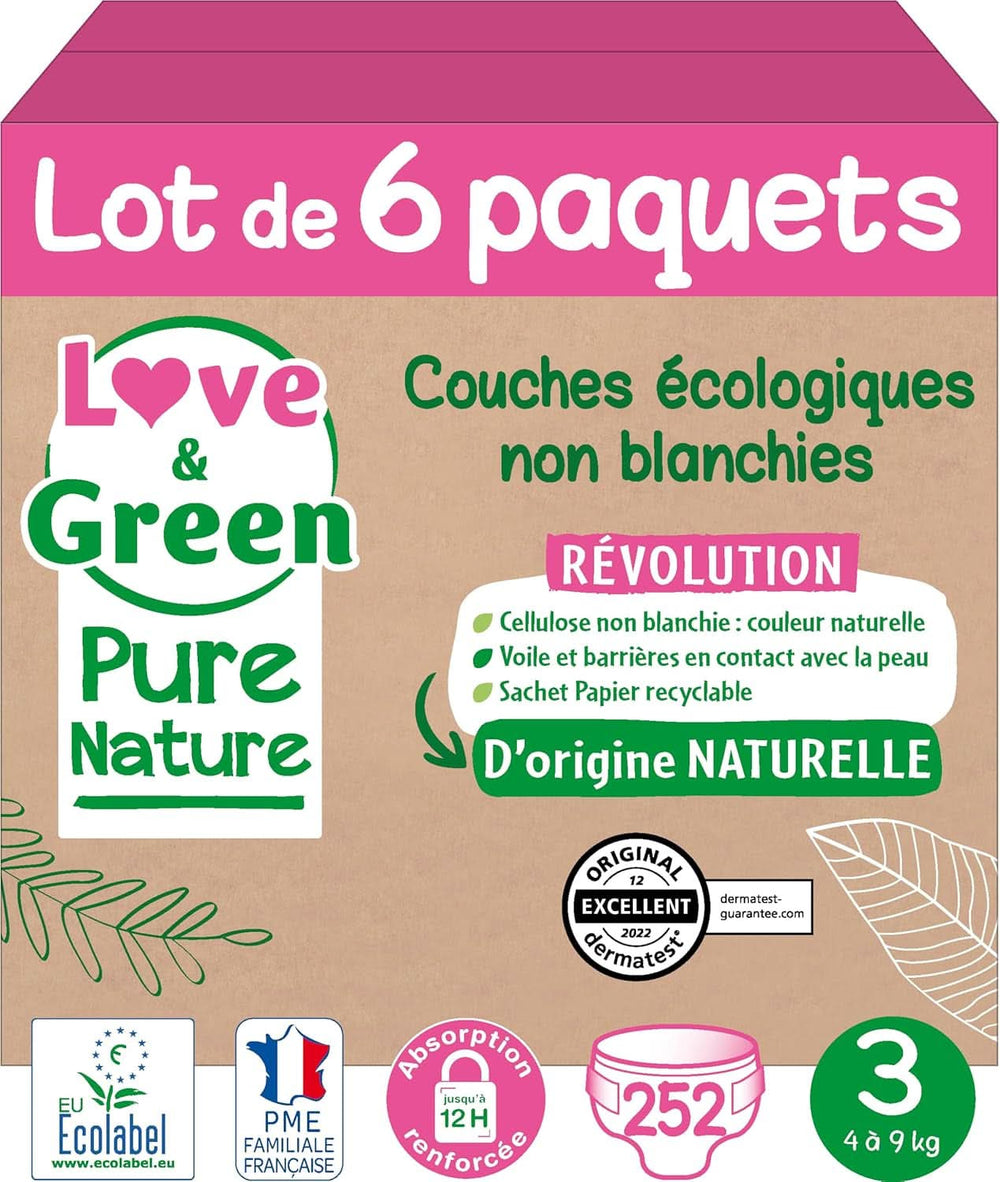 Love Green Nature, couches écologiques non blanchies, sans chlore, différentes tailles Mère et Enfant Naty Shop Taille 3, 4 - 9 Kg 6 colis, 252 couches au total