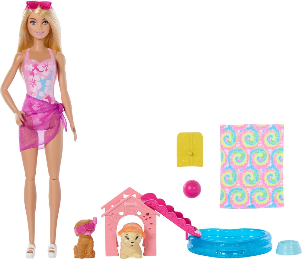 Barbie Puppy Pool Party Playset avec poupée tendance, niche pour chien et toboggan, piscine en forme de cœur, 2 figurines de chien, 6 accessoires et changeur de couleur, JBF35