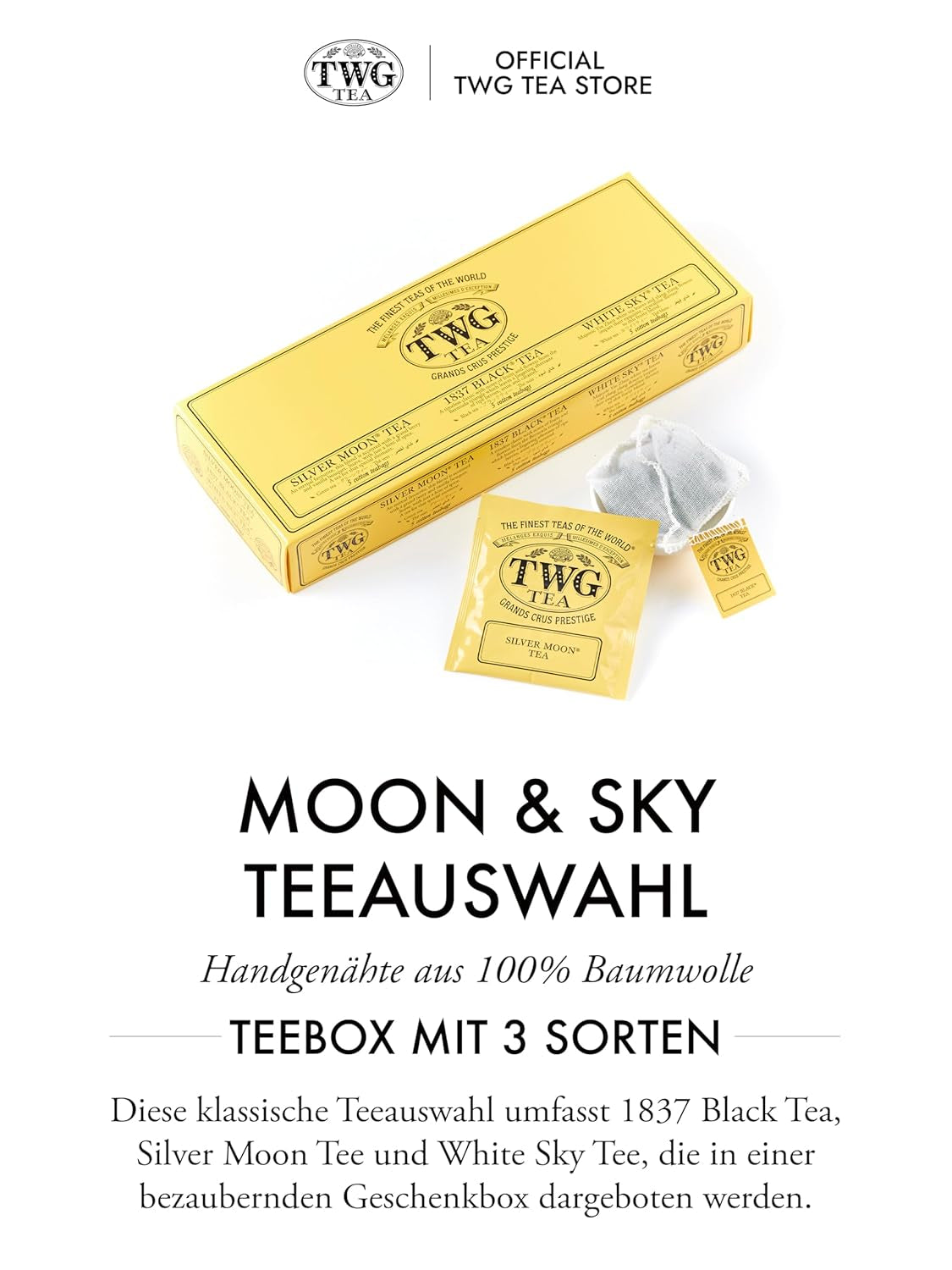 TWG Tea | Moon &amp; Sky Selection | Cutie de ceai cu 3 sortimente | 15 pliculețe de ceai cusute manual din bumbac | Set cadou