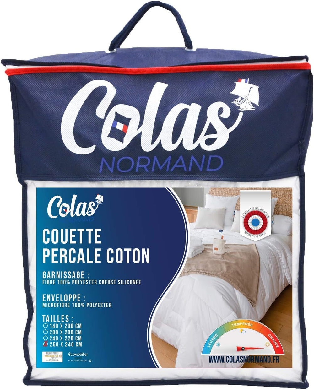 COLAS NORMAND Couette Percale Coton 260 X 240 Cm Percale 100% Coton Haute Qualité Douce et Confortable Durable Finition Fine Fabriqué en France Couettes et Couettes Blanc Naty Shop 260X240 Cm Chaud