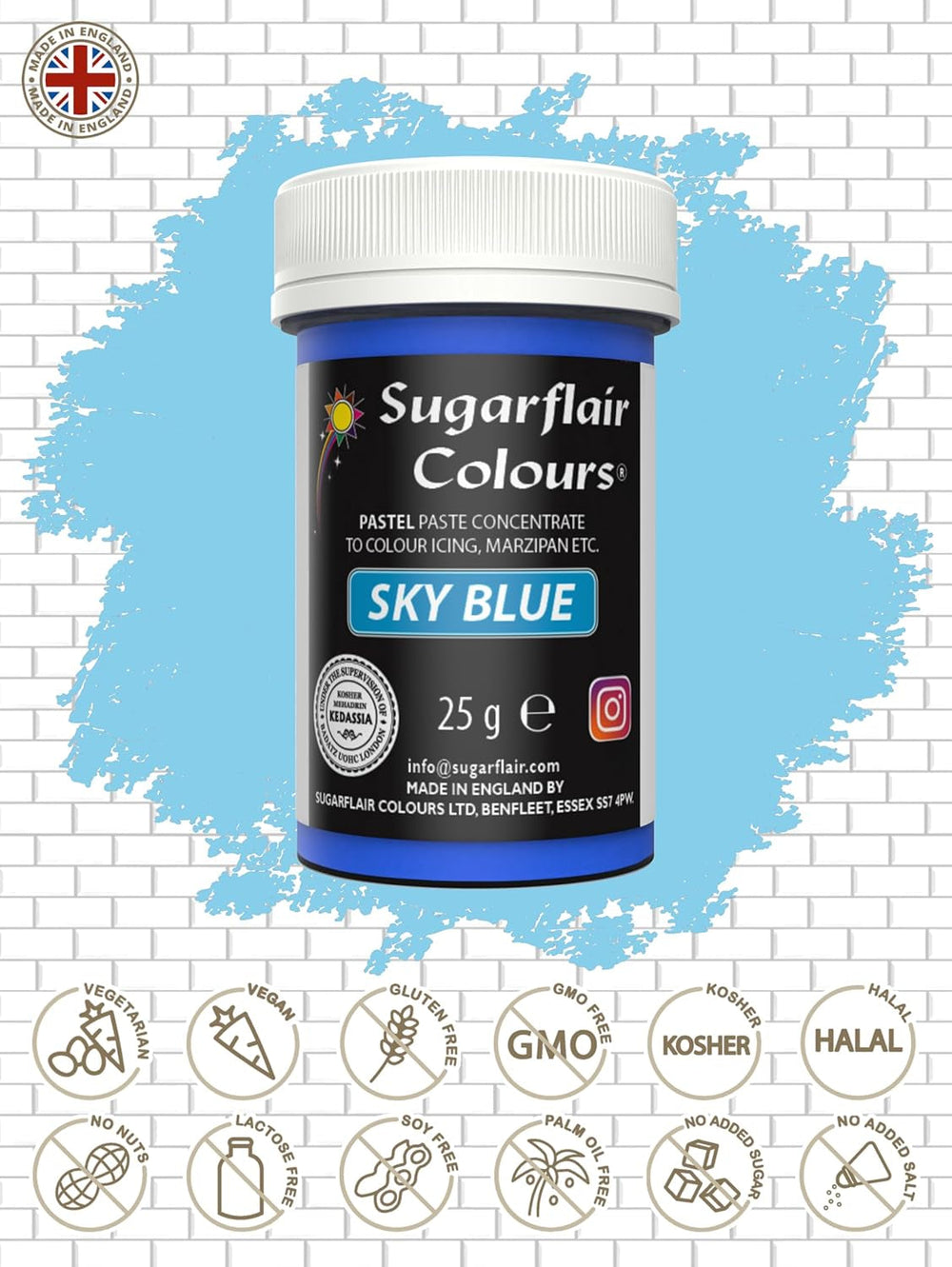 Colorant alimentaire Sugarflair Paste Pastel Sky Blue, colorant alimentaire pour pâtes, pour fondant et massepain, colorants concentrés Spectral - 25 g