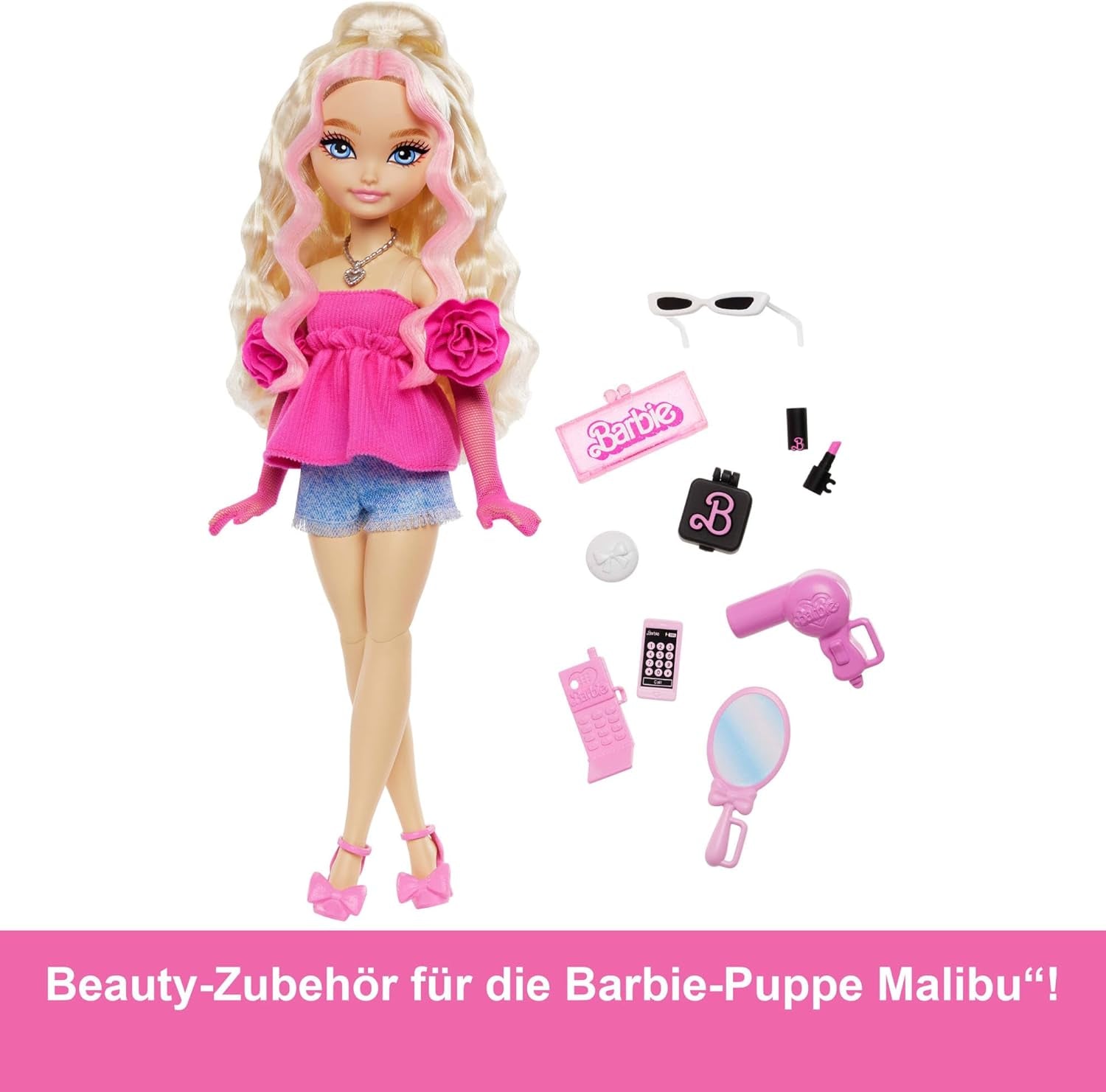 Poupée et accessoires Barbie Dream Besties, parfaite poupée Barbie Malibu avec cheveux blonds clairs, 11 pièces pour le maquillage et les cheveux à thème, HYC21
