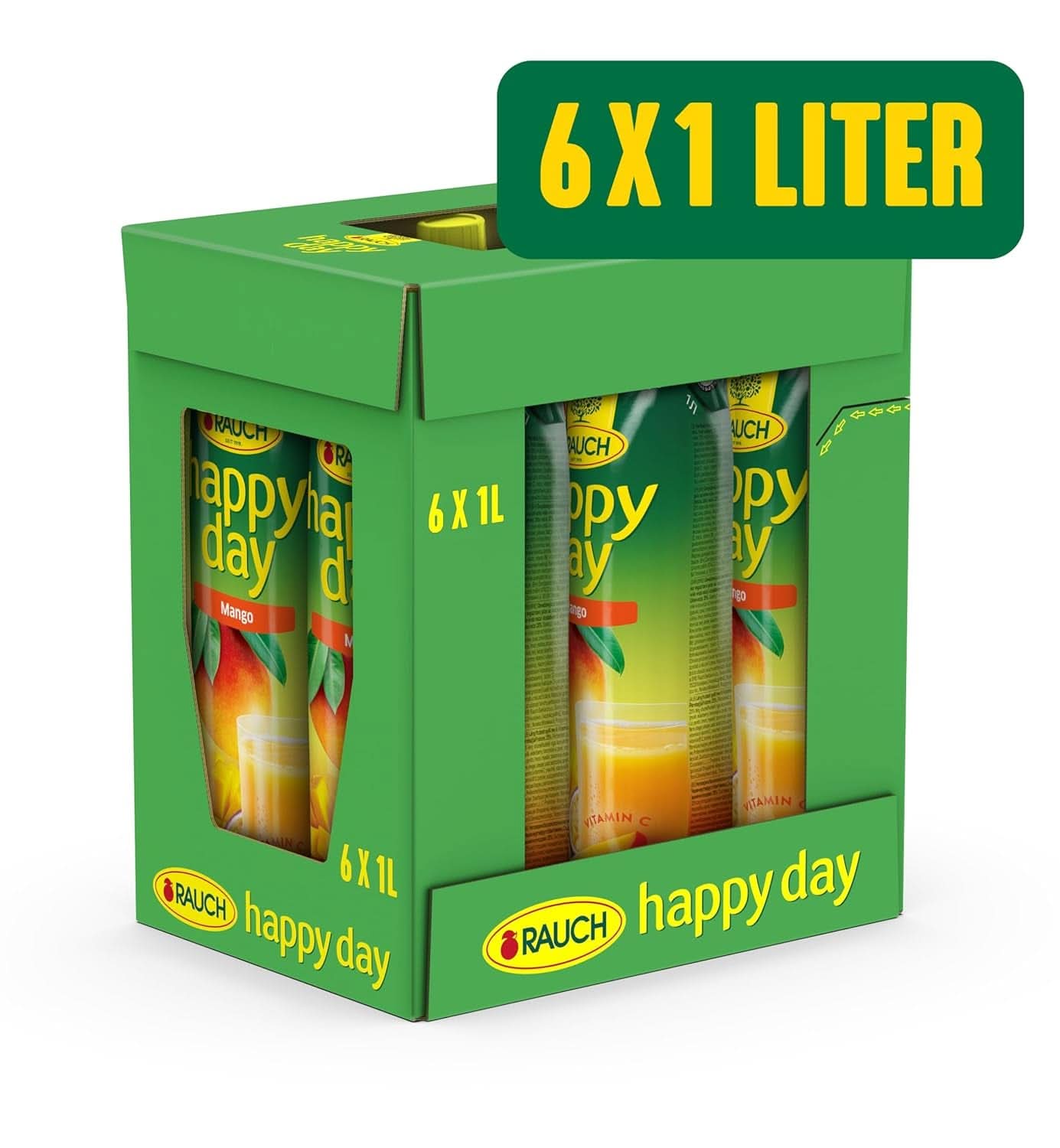 Rauch Happy Day Mangue | Boisson raffinée au fruit de la passion | Beaucoup de vitamine C | 6 x 1 litre, Tetra Prisma Naty Shop