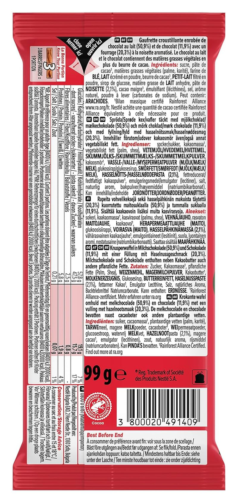 Gaufrette croustillante Nestlé aux noisettes avec garniture crémeuse aux noisettes et couverture de chocolat marbré, paquet de 2 (1 x 99 g)