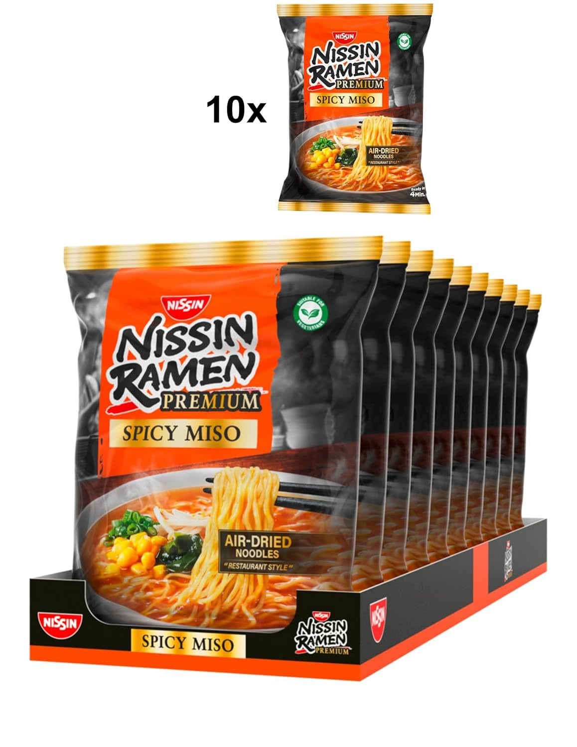 Nissin Ramen Premium - Miso Spicy 10 Pack de nouilles instantanées séchées à l'air libre de style japonais pour un ramen « style restaurant » avec une saveur légèrement épicée de miso et de flocons de wakame (10 x 90,7 g)