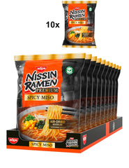Nissin Ramen Premium - Miso Spicy 10 Pack de nouilles instantanées séchées à l'air libre de style japonais pour un ramen « style restaurant » avec une saveur légèrement épicée de miso et de flocons de wakame (10 x 90,7 g)