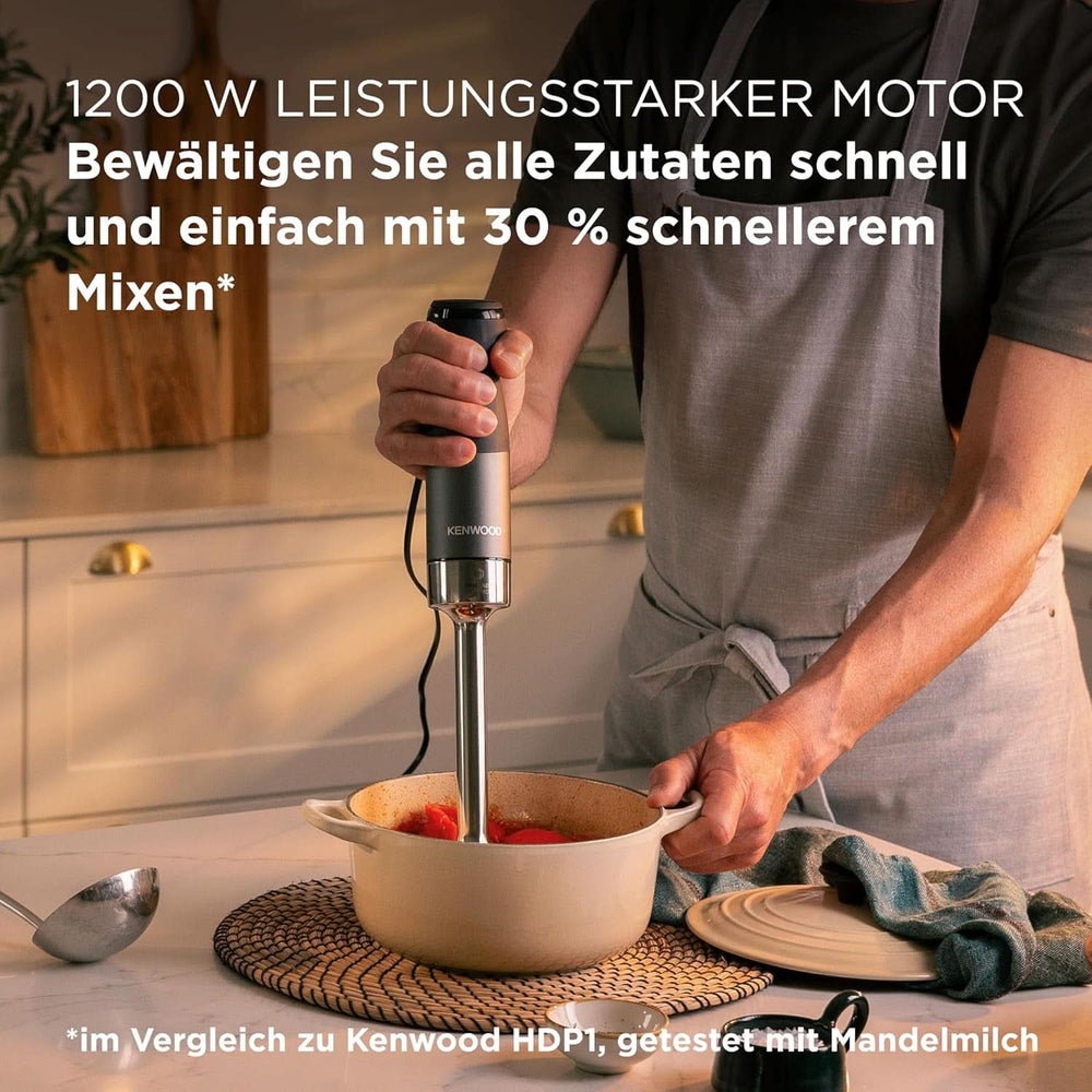 Kenwood Triblade XL Pro Stabmixer HBM80.322BK, 1200W, vitesses variables, Edelstahl(Pürierfuss), Schneebesen, Emulgieraufsatz, 500Ml Zerkleiner, 700 & 250Ml Becher, Spülmaschinenfeste Teile Bucatarie Naty Shop
