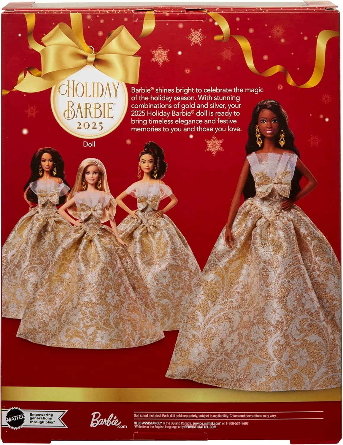 Barbie Signature Puppe, 2025 Holiday, schwarzhaarige Modepuppe mit Kleid in Silber und Gold, saisonale Sammlerpuppe in Einer Verpackung zum Ausstellen und mit Puppenständer, JBJ01