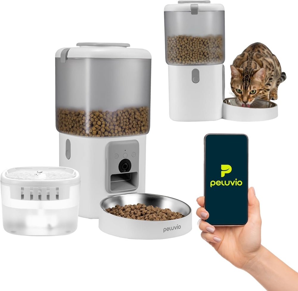 Feast Automatische Futterautomat Katze mit App and Kamera, Live-Video mit Nachtsicht und Zwei-Wege-Audio, Portionskontrolle, Edelstahl-Napf, Katzen Trinkbrunnen mit Filter, 4,5 l et 2,5 l